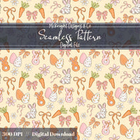 Easter Bunny Seamless Pattern PNG – Spring Carrots, Bows & Floral Eggs