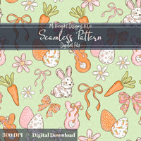 Easter Bunny Seamless Pattern PNG – Spring Carrots, Bows & Floral Eggs