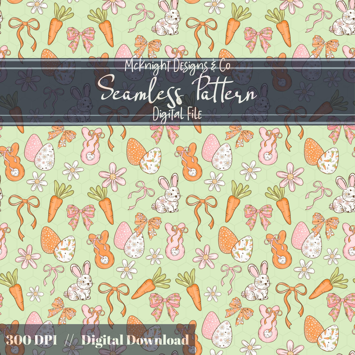 Easter Bunny Seamless Pattern PNG – Spring Carrots, Bows & Floral Eggs