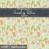 Easter Bunny Seamless Pattern PNG – Spring Carrots, Bows & Floral Eggs