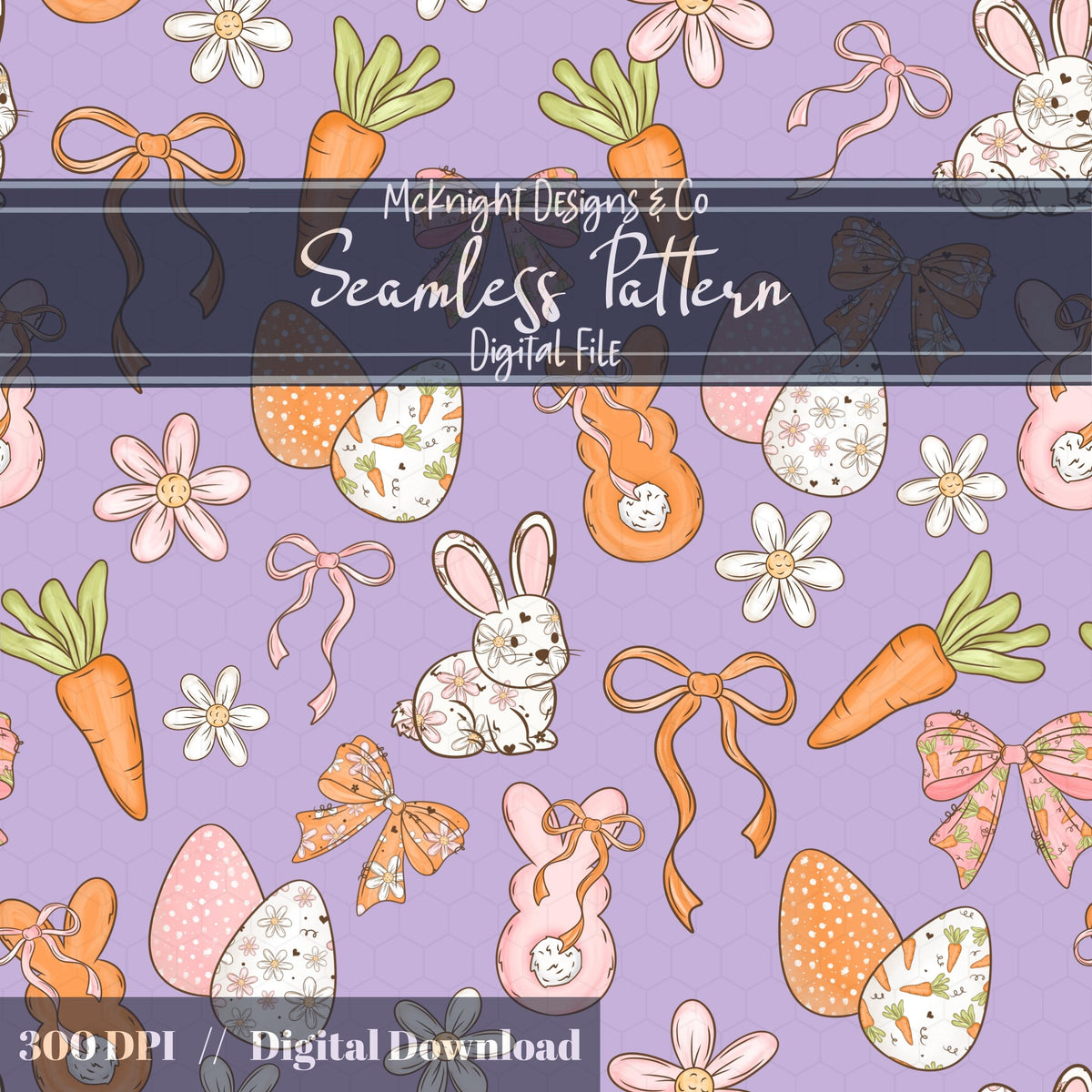 Easter Bunny Seamless Pattern PNG – Spring Carrots, Bows & Floral Eggs