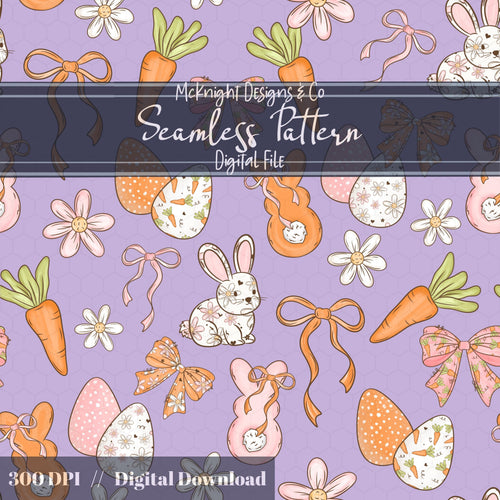 Easter Bunny Seamless Pattern PNG – Spring Carrots, Bows & Floral Eggs