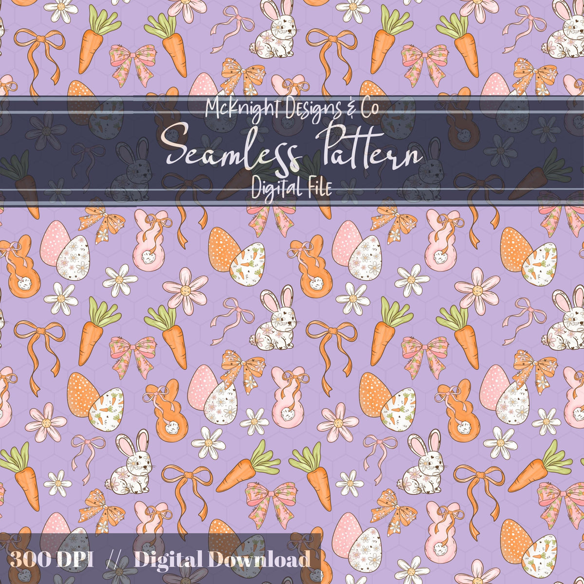 Easter Bunny Seamless Pattern PNG – Spring Carrots, Bows & Floral Eggs