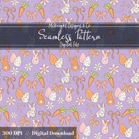 Easter Bunny Seamless Pattern PNG – Spring Carrots, Bows & Floral Eggs