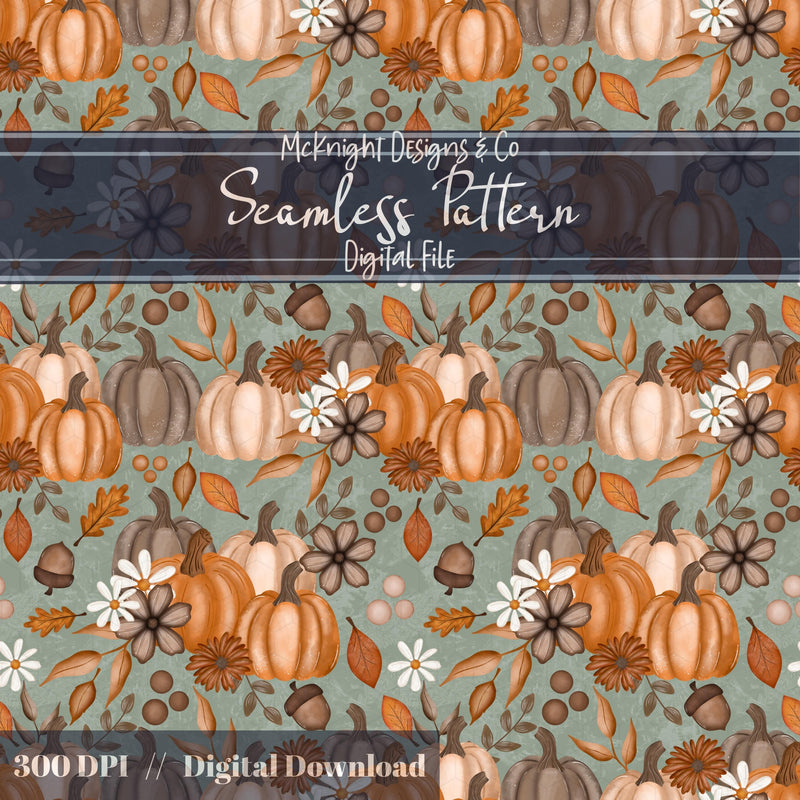 Fall Painted Pumpkins Seamless Pattern – Autumn Pumpkins & Florals McKnight Designs & Co Seamless Pattern File
