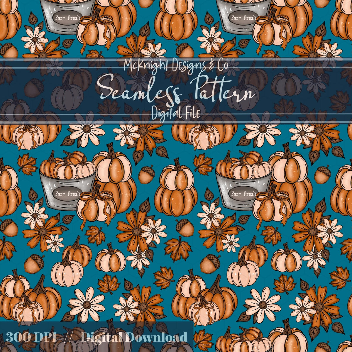 Fall Pumpkin Bucket Seamless Pattern Autumn Digital Print McKnight Designs & Co Seamless Pattern File