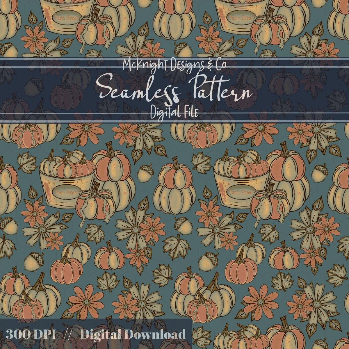 Fall Pumpkin Bucket Seamless Pattern Autumn Digital Print McKnight Designs & Co Seamless Pattern File