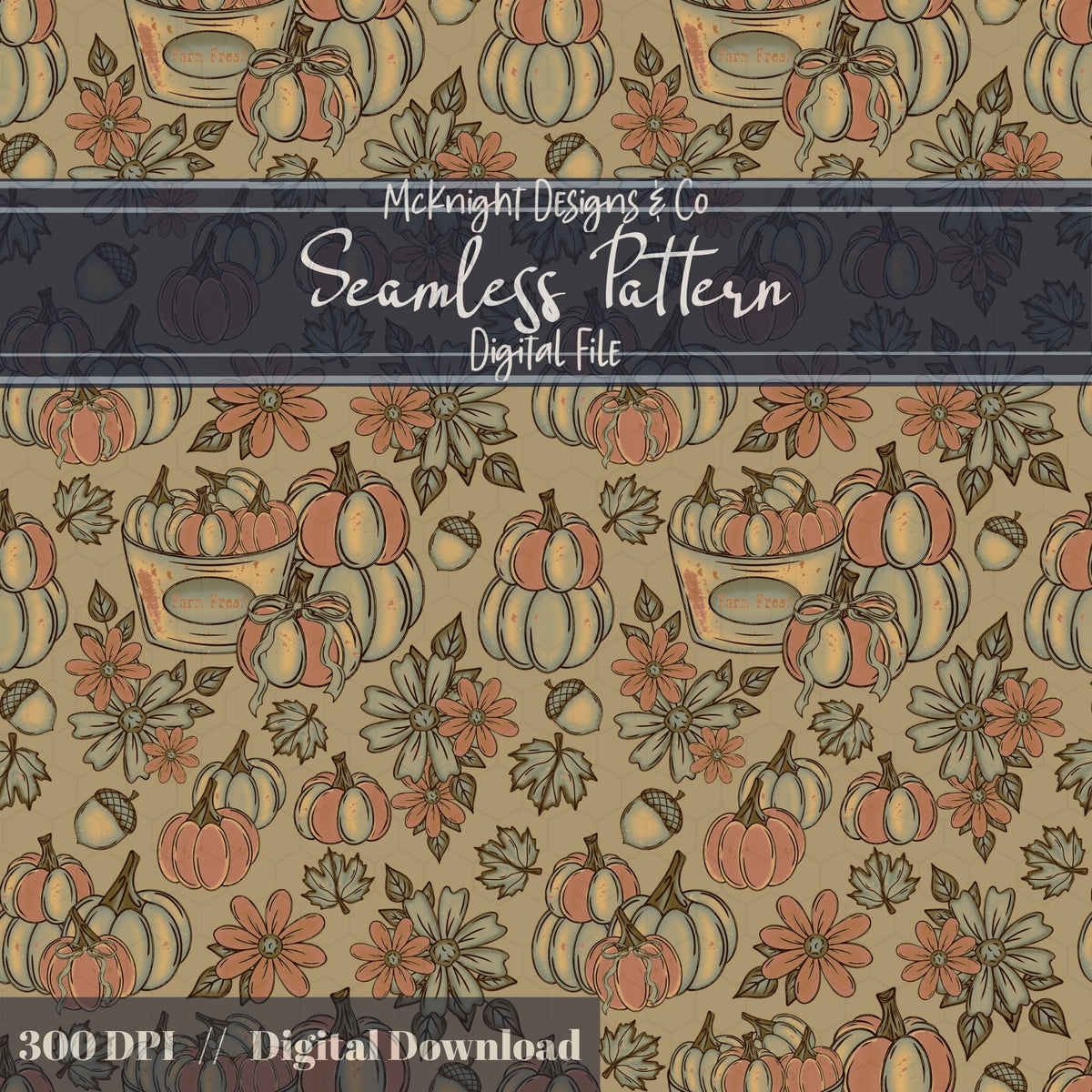 Fall Pumpkin Bucket Seamless Pattern Autumn Digital Print McKnight Designs & Co Seamless Pattern File