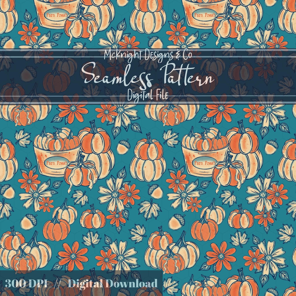 Fall Pumpkin Bucket Seamless Pattern Autumn Digital Print McKnight Designs & Co Seamless Pattern File