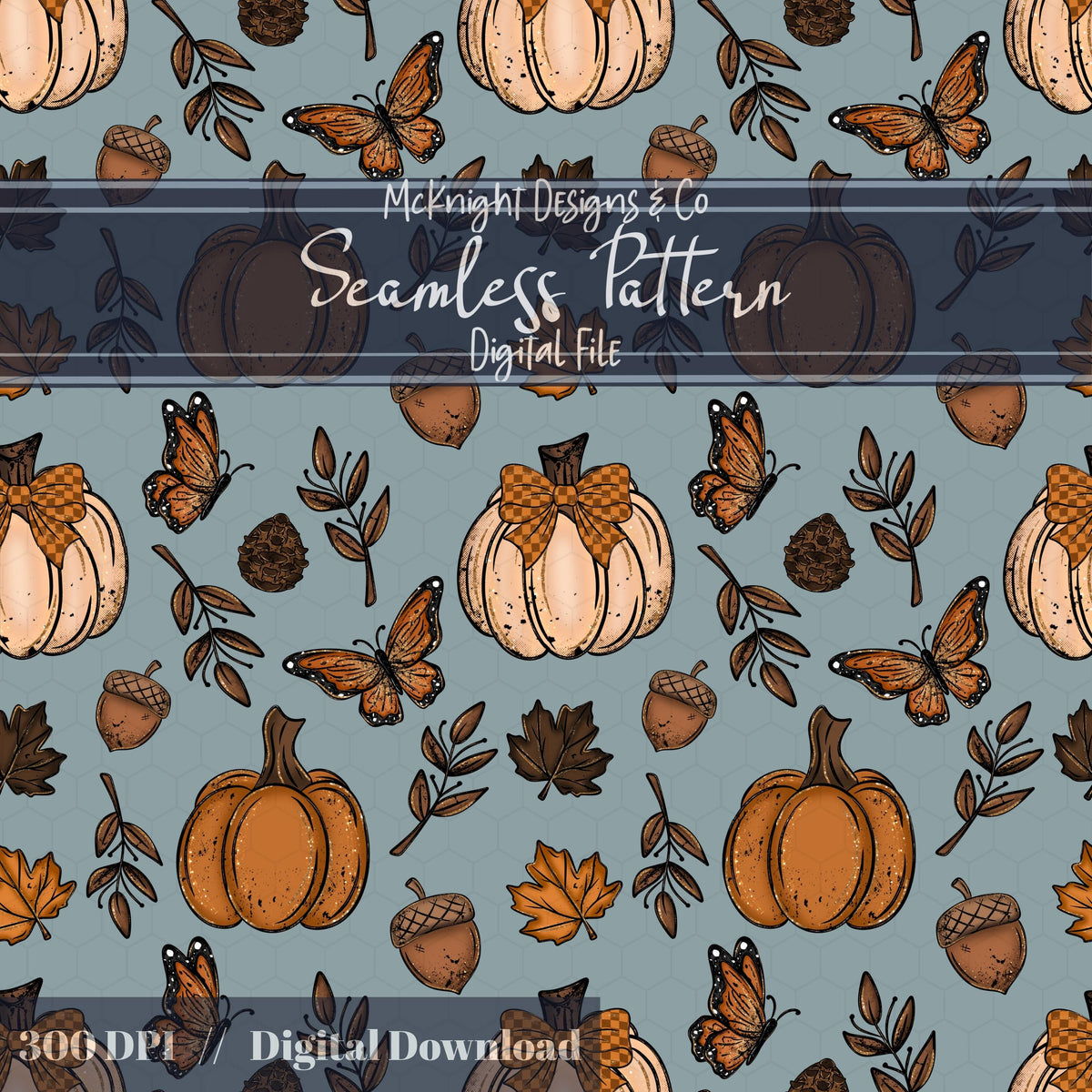 Fall Pumpkins & Butterflies Seamless Pattern Autumn Digital Design McKnight Designs & Co Seamless Pattern File