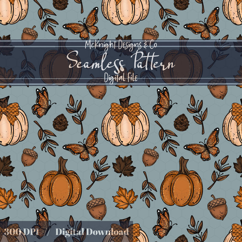 Fall Pumpkins & Butterflies Seamless Pattern Autumn Digital Design McKnight Designs & Co Seamless Pattern File