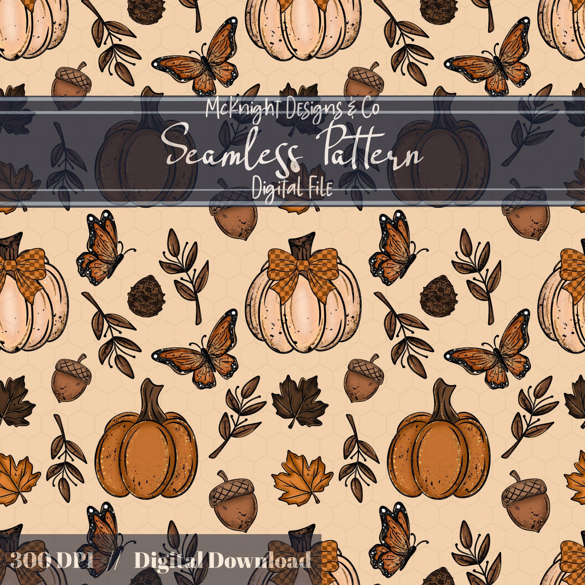 Fall Pumpkins & Butterflies Seamless Pattern Autumn Digital Design McKnight Designs & Co Seamless Pattern File