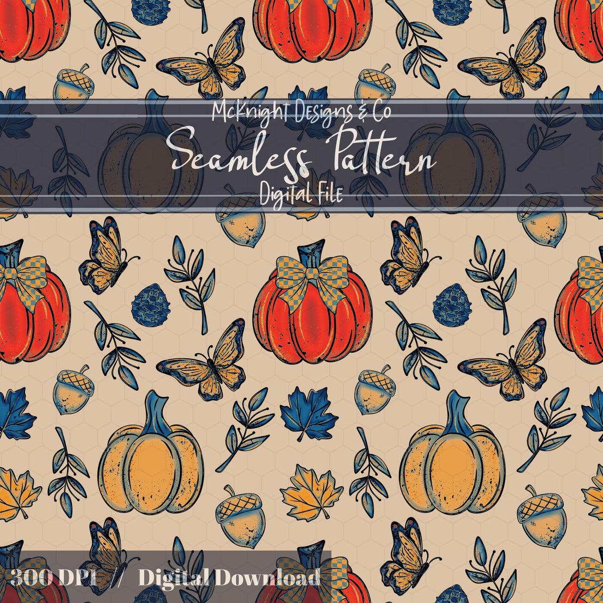 Fall Pumpkins & Butterflies Seamless Pattern Autumn Digital Design McKnight Designs & Co Seamless Pattern File