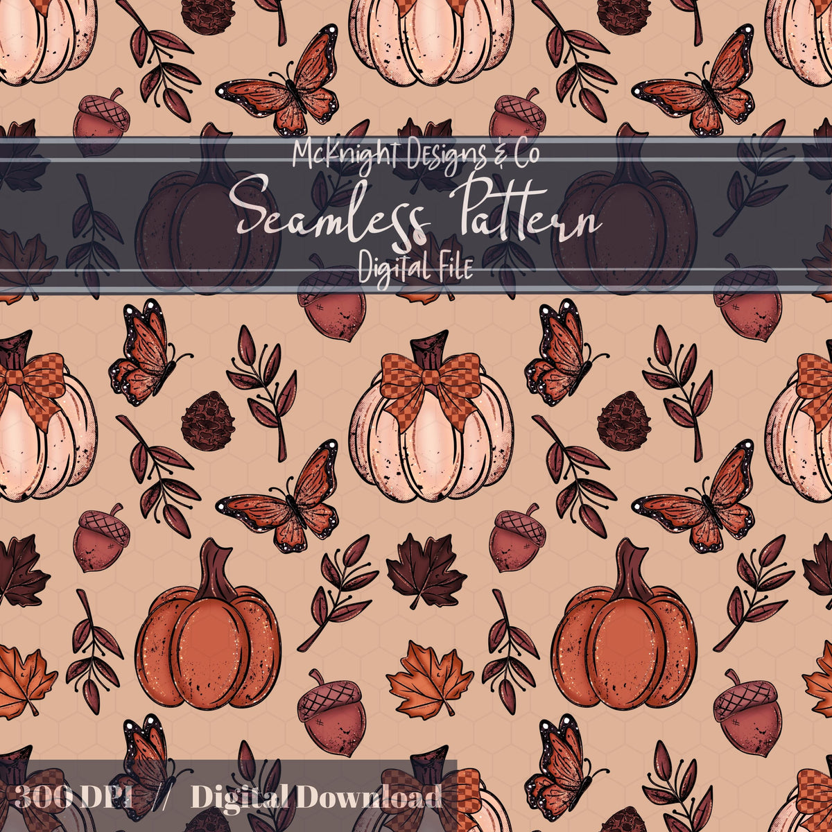 Fall Pumpkins & Butterflies Seamless Pattern Autumn Digital Design McKnight Designs & Co Seamless Pattern File