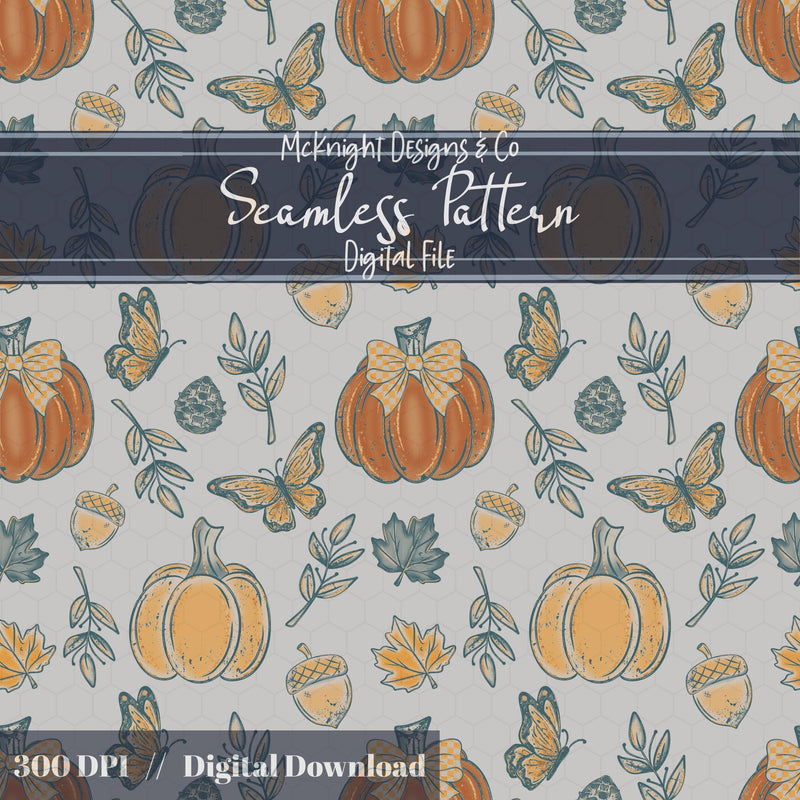 Fall Pumpkins & Butterflies Seamless Pattern Autumn Digital Design McKnight Designs & Co Seamless Pattern File