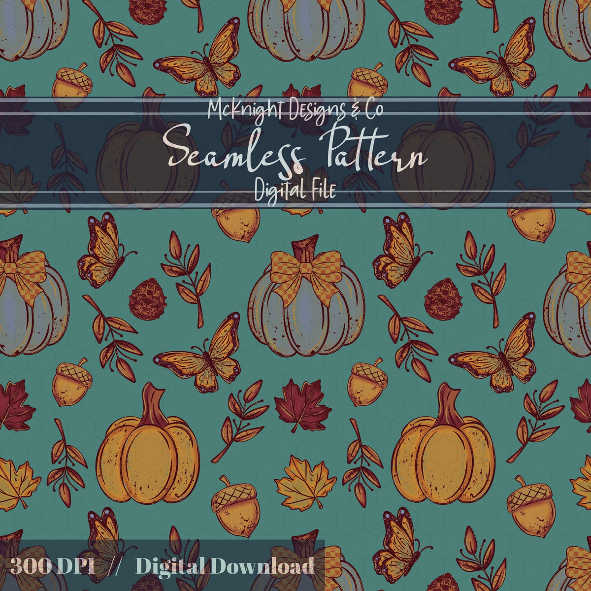 Fall Pumpkins & Butterflies Seamless Pattern Autumn Digital Design McKnight Designs & Co Seamless Pattern File
