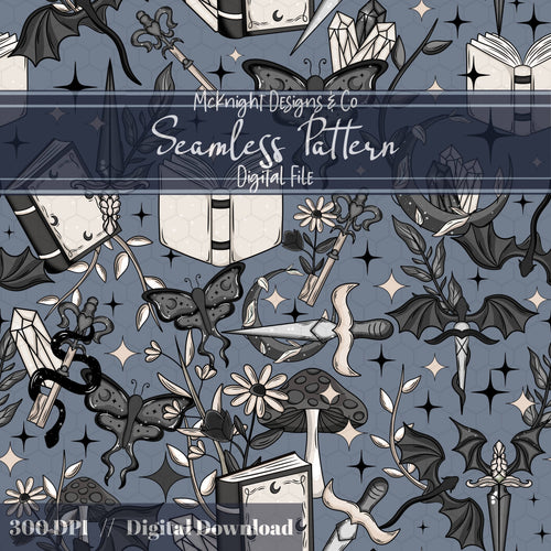 Dark Fantasy Bookish Seamless Pattern – Moths, Swords, Dragons, Crystals & Magic McKnight Designs & Co Seamless Pattern File