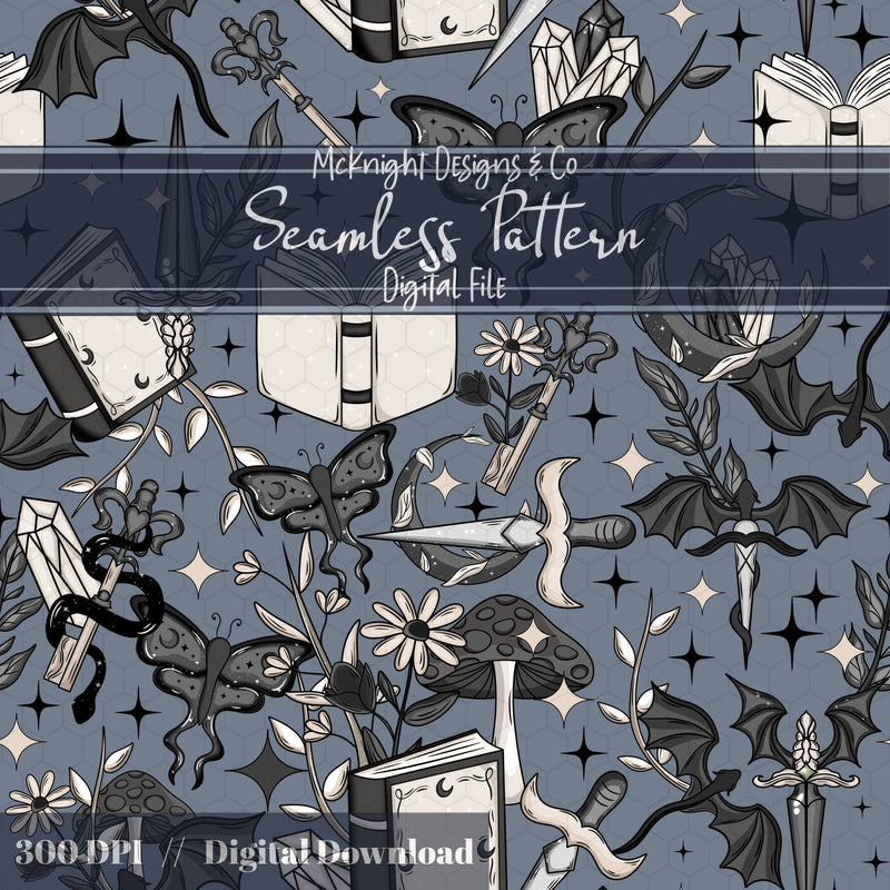 Dark Fantasy Bookish Seamless Pattern – Moths, Swords, Dragons, Crystals & Magic McKnight Designs & Co Seamless Pattern File
