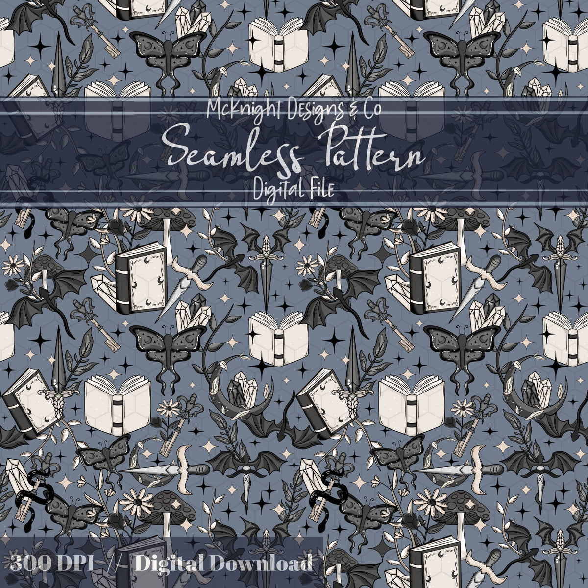 Dark Fantasy Bookish Seamless Pattern – Moths, Swords, Dragons, Crystals & Magic McKnight Designs & Co Seamless Pattern File