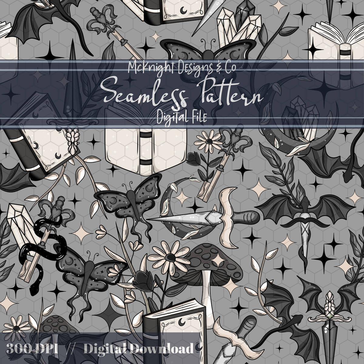Dark Fantasy Bookish Seamless Pattern – Moths, Swords, Dragons, Crystals & Magic McKnight Designs & Co Seamless Pattern File