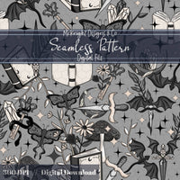 Dark Fantasy Bookish Seamless Pattern – Moths, Swords, Dragons, Crystals & Magic McKnight Designs & Co Seamless Pattern File