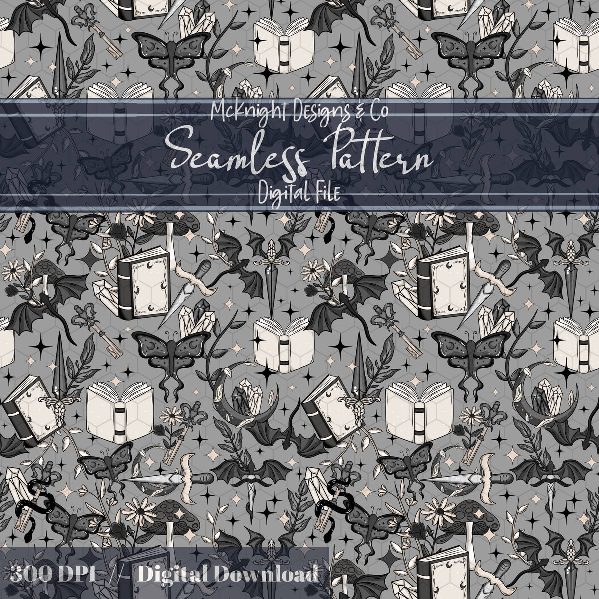 Dark Fantasy Bookish Seamless Pattern – Moths, Swords, Dragons, Crystals & Magic McKnight Designs & Co Seamless Pattern File