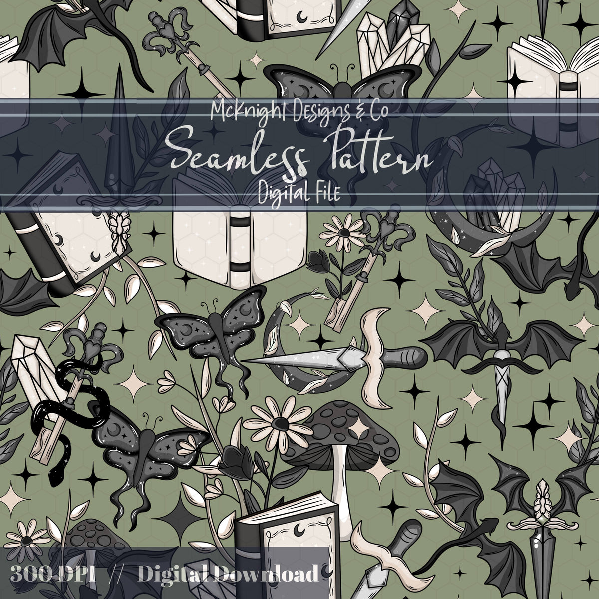 Dark Fantasy Bookish Seamless Pattern – Moths, Swords, Dragons, Crystals & Magic McKnight Designs & Co Seamless Pattern File