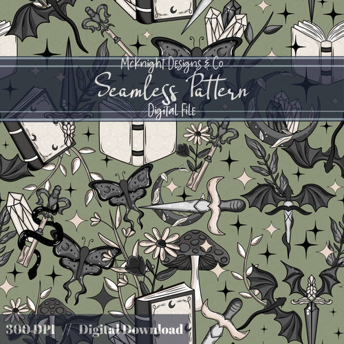 Dark Fantasy Bookish Seamless Pattern – Moths, Swords, Dragons, Crystals & Magic McKnight Designs & Co Seamless Pattern File