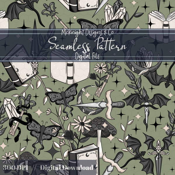 Dark Fantasy Bookish Seamless Pattern – Moths, Swords, Dragons, Crystals & Magic McKnight Designs & Co Seamless Pattern File