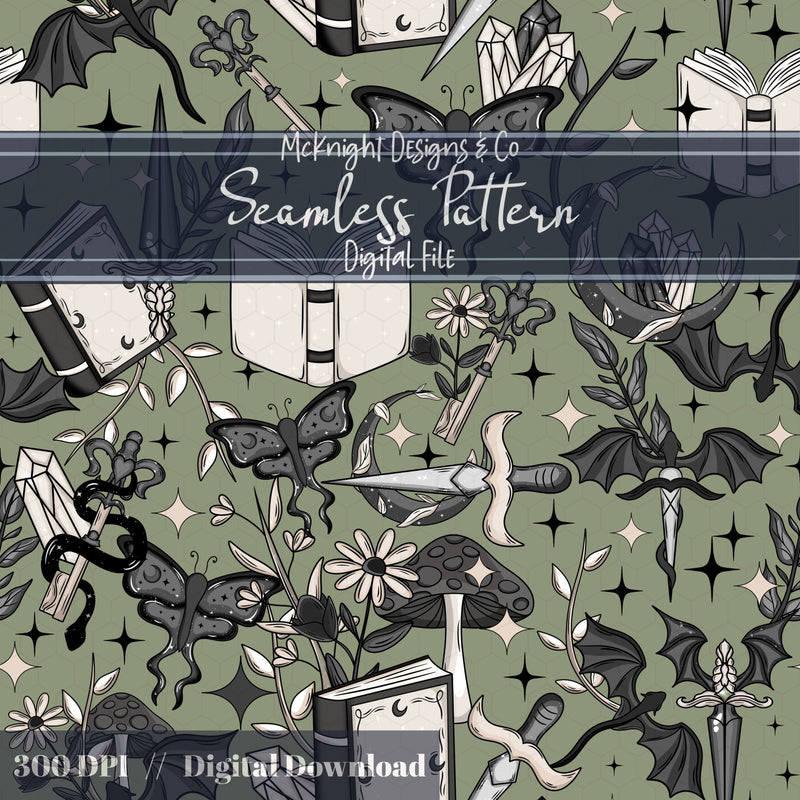 Dark Fantasy Bookish Seamless Pattern – Moths, Swords, Dragons, Crystals & Magic McKnight Designs & Co Seamless Pattern File