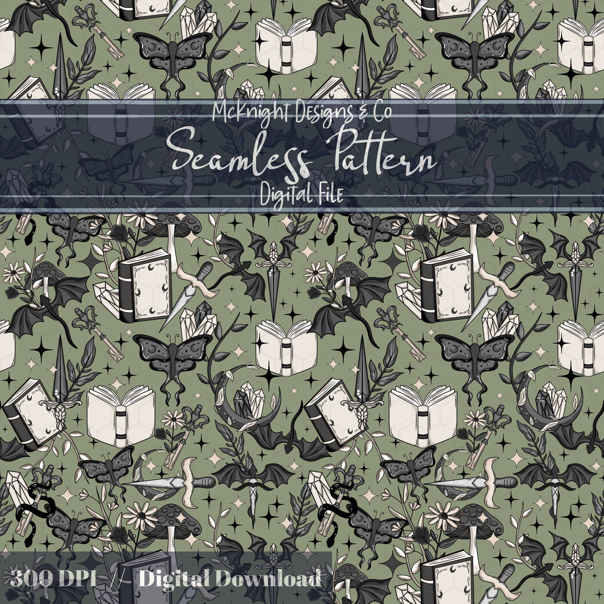 Dark Fantasy Bookish Seamless Pattern – Moths, Swords, Dragons, Crystals & Magic McKnight Designs & Co Seamless Pattern File