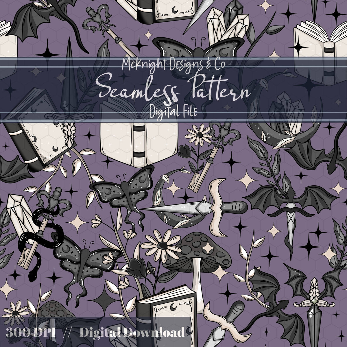 Dark Fantasy Bookish Seamless Pattern – Moths, Swords, Dragons, Crystals & Magic McKnight Designs & Co Seamless Pattern File