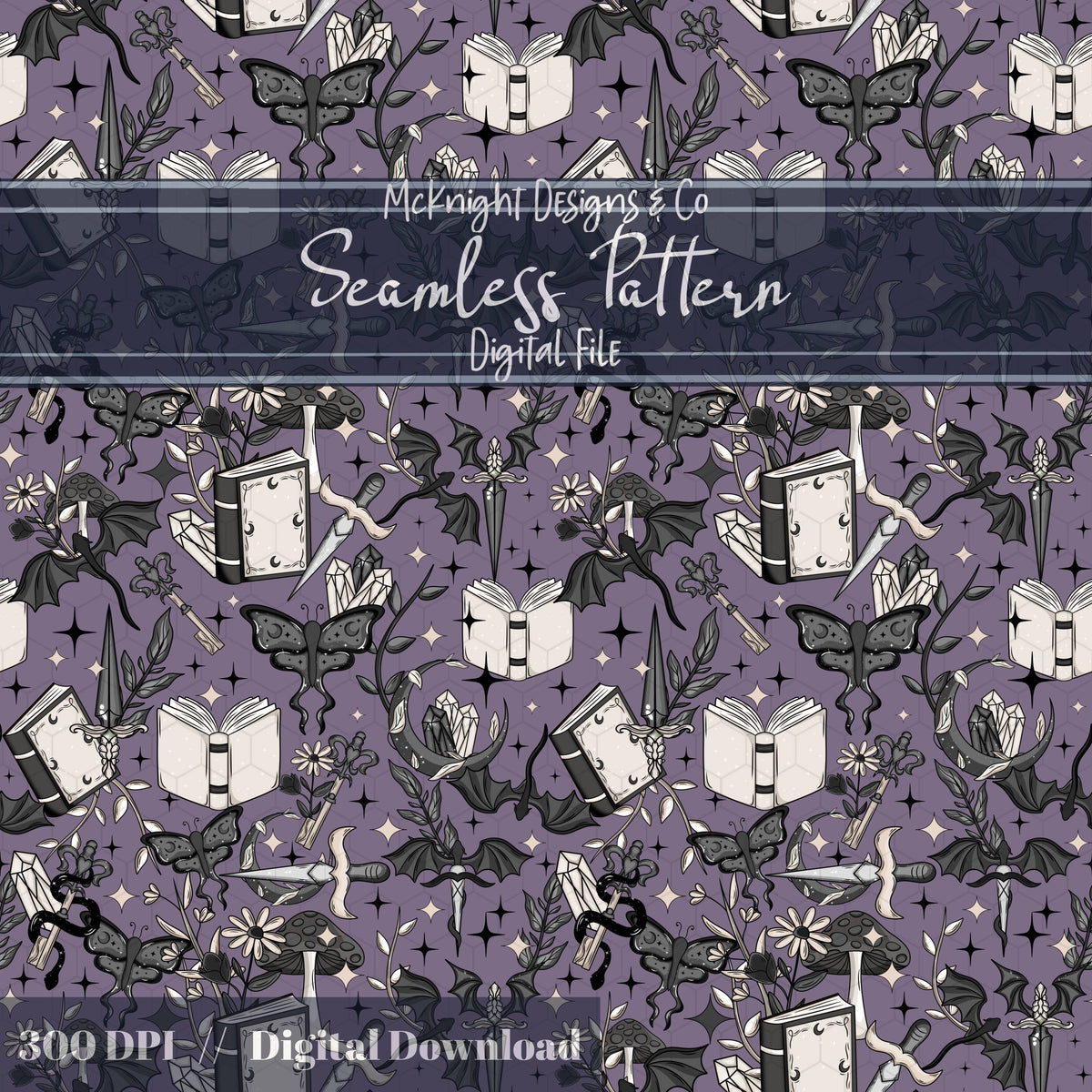 Dark Fantasy Bookish Seamless Pattern – Moths, Swords, Dragons, Crystals & Magic McKnight Designs & Co Seamless Pattern File