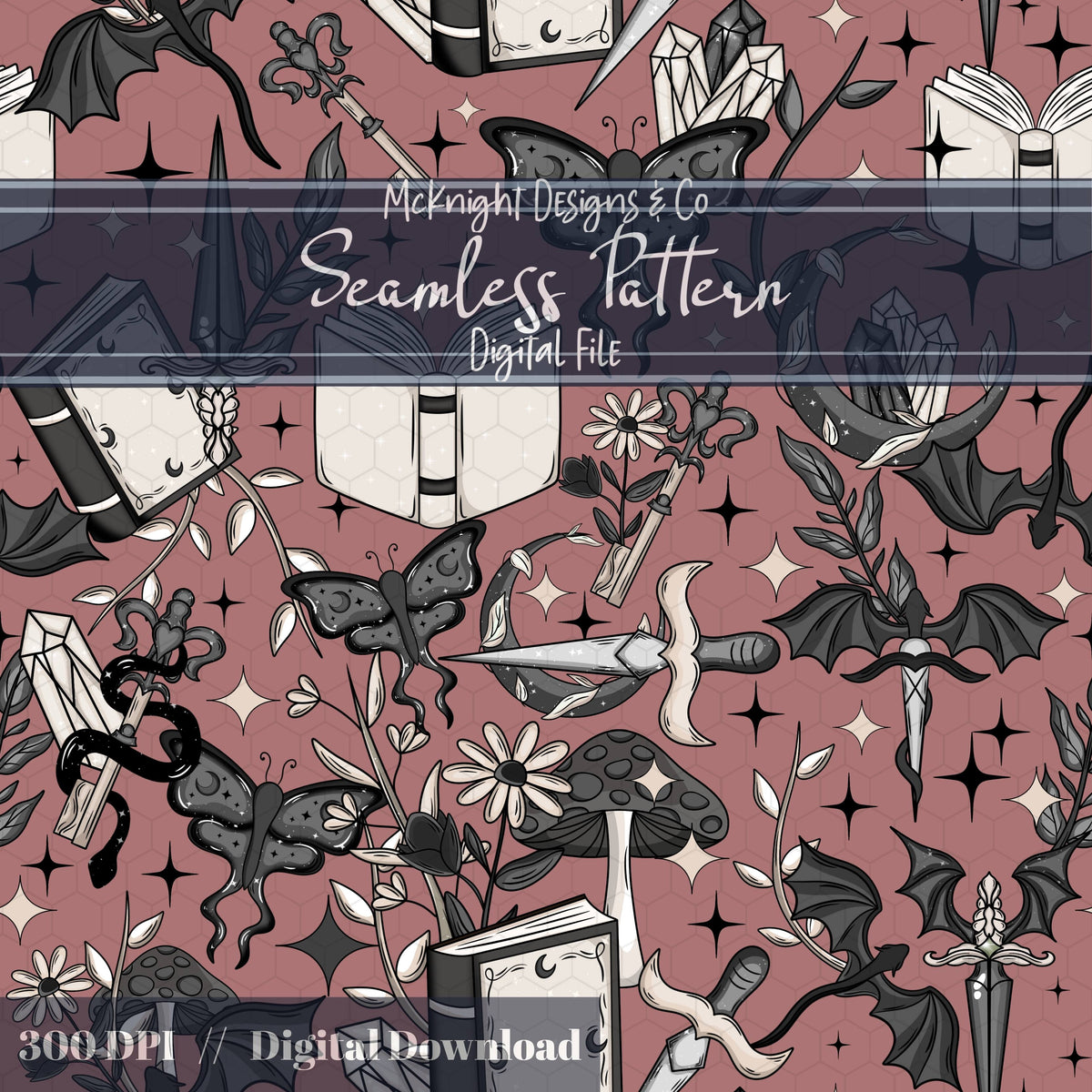 Dark Fantasy Bookish Seamless Pattern – Moths, Swords, Dragons, Crystals & Magic McKnight Designs & Co Seamless Pattern File