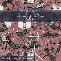 Dark Fantasy Bookish Seamless Pattern – Moths, Swords, Dragons, Crystals & Magic McKnight Designs & Co Seamless Pattern File