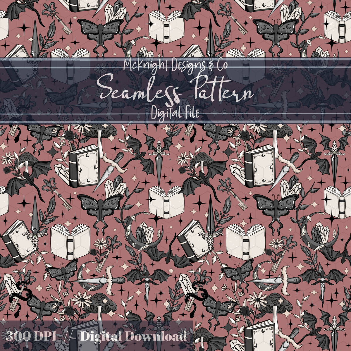 Dark Fantasy Bookish Seamless Pattern – Moths, Swords, Dragons, Crystals & Magic McKnight Designs & Co Seamless Pattern File