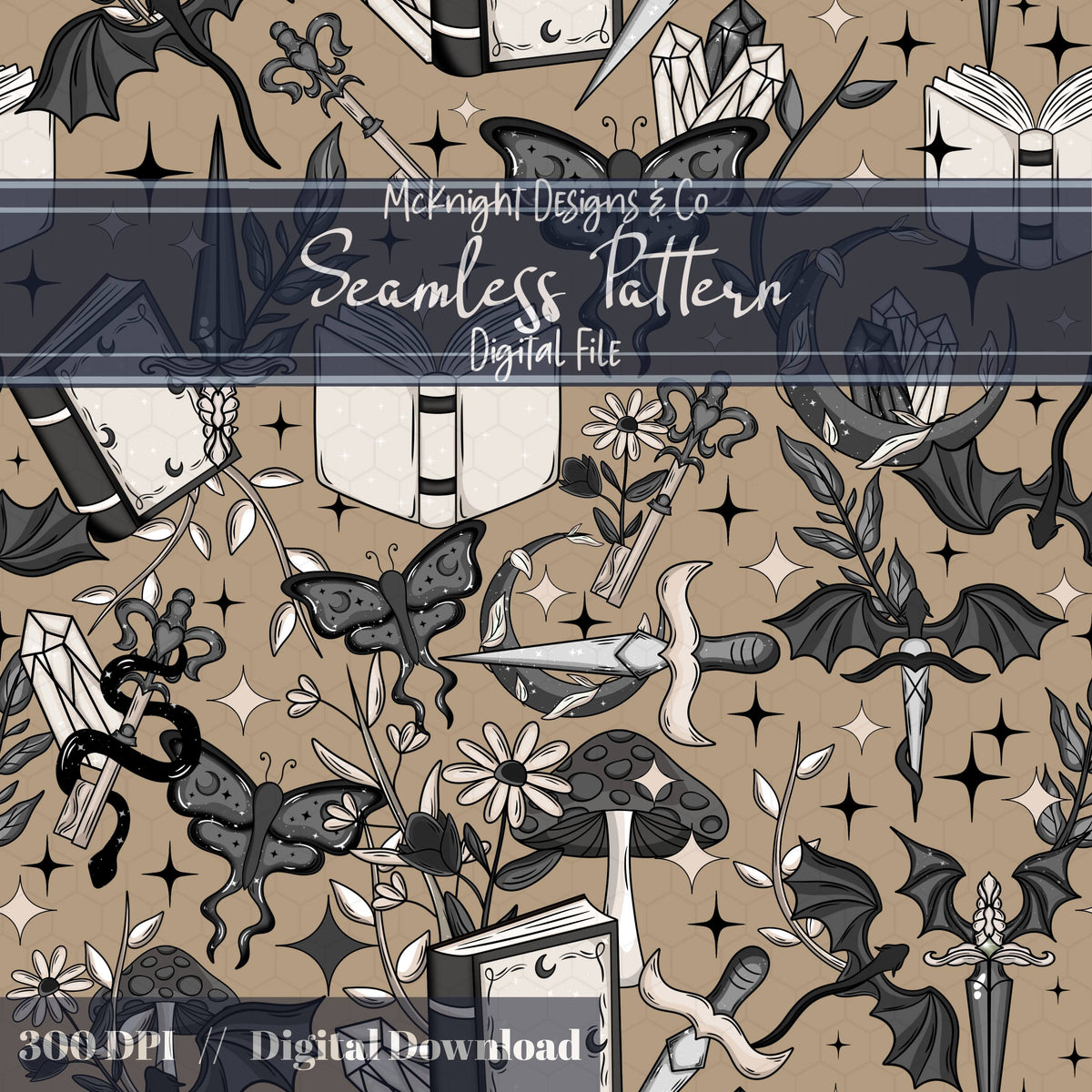 Dark Fantasy Bookish Seamless Pattern – Moths, Swords, Dragons, Crystals & Magic McKnight Designs & Co Seamless Pattern File