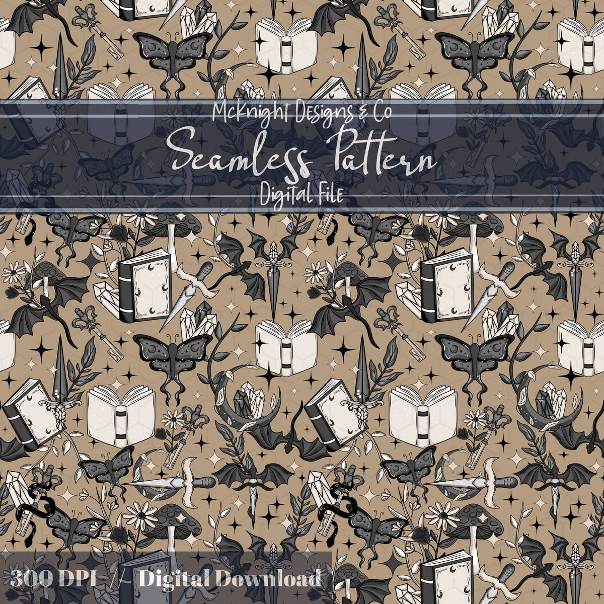 Dark Fantasy Bookish Seamless Pattern – Moths, Swords, Dragons, Crystals & Magic McKnight Designs & Co Seamless Pattern File