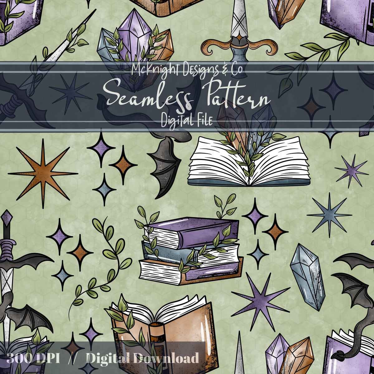 Fantasy Romance Bookish Seamless Pattern – Spellbooks, Crystals, Daggers & Stars McKnight Designs & Co Seamless Pattern File