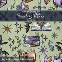 Fantasy Romance Bookish Seamless Pattern – Spellbooks, Crystals, Daggers & Stars McKnight Designs & Co Seamless Pattern File