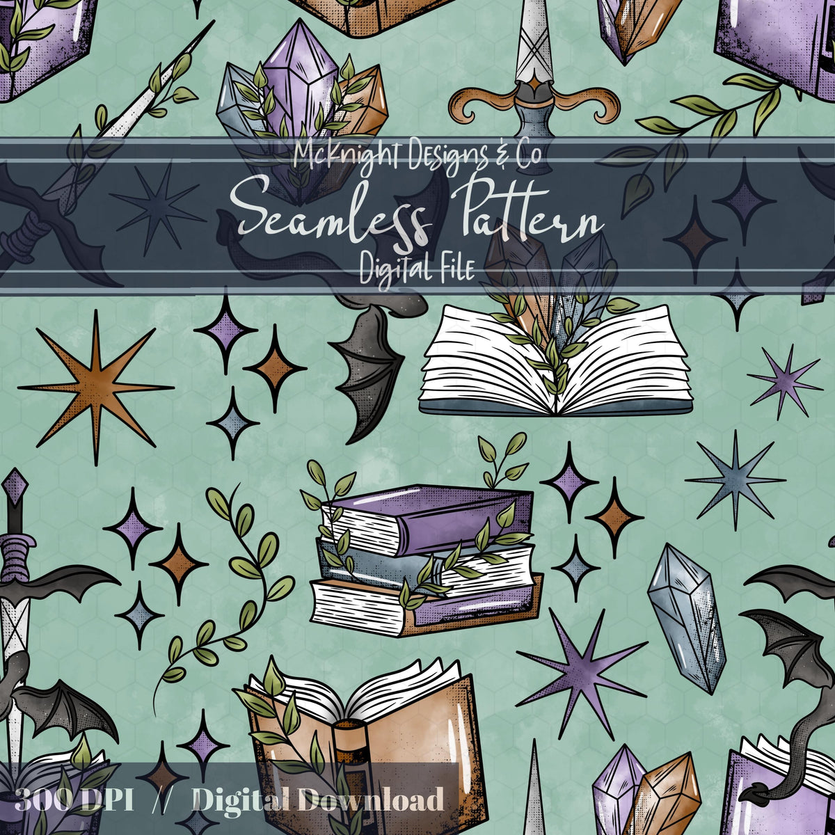 Fantasy Romance Bookish Seamless Pattern – Spellbooks, Crystals, Daggers & Stars McKnight Designs & Co Seamless Pattern File