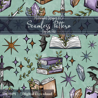 Fantasy Romance Bookish Seamless Pattern – Spellbooks, Crystals, Daggers & Stars McKnight Designs & Co Seamless Pattern File