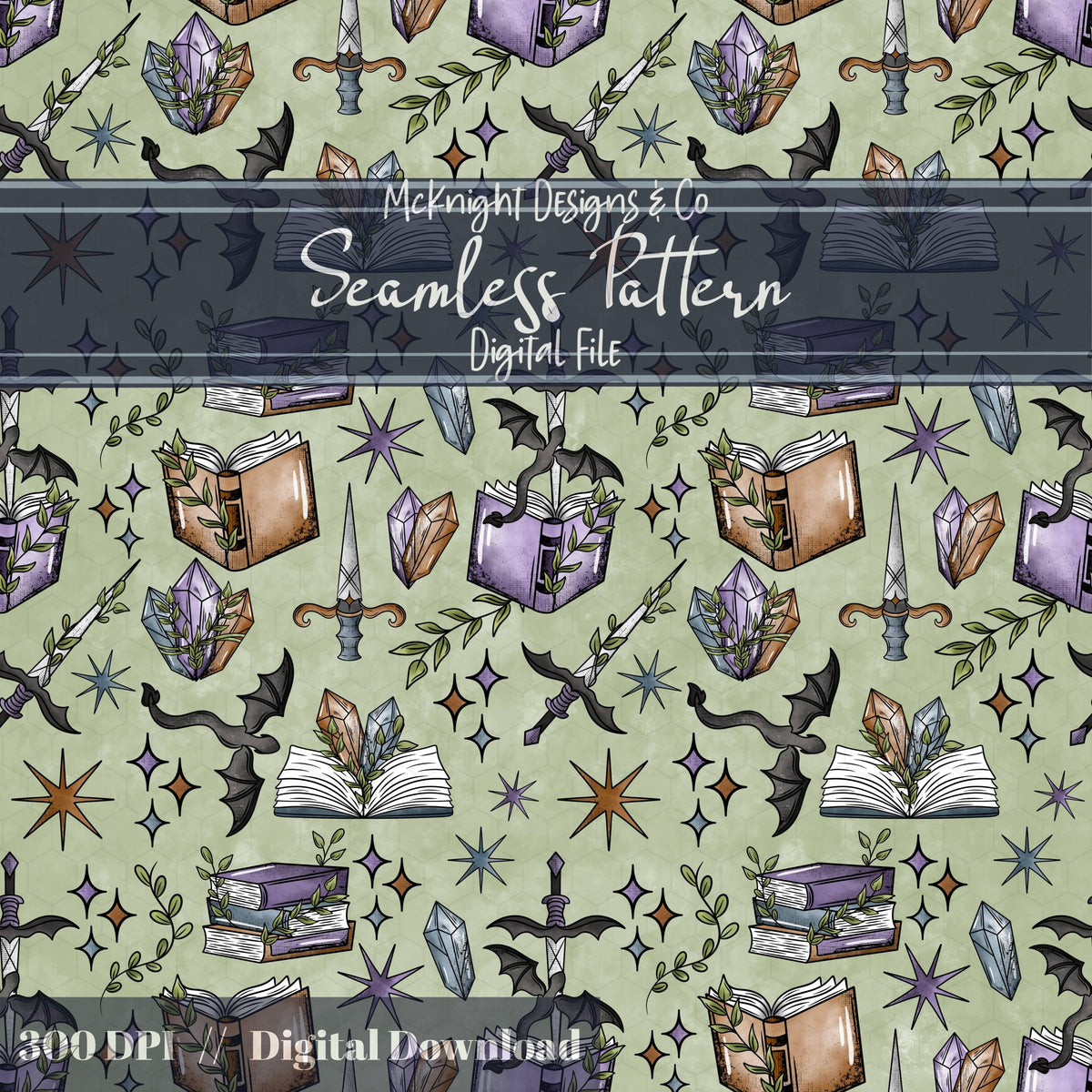 Fantasy Romance Bookish Seamless Pattern – Spellbooks, Crystals, Daggers & Stars McKnight Designs & Co Seamless Pattern File