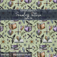 Fantasy Romance Bookish Seamless Pattern – Spellbooks, Crystals, Daggers & Stars McKnight Designs & Co Seamless Pattern File