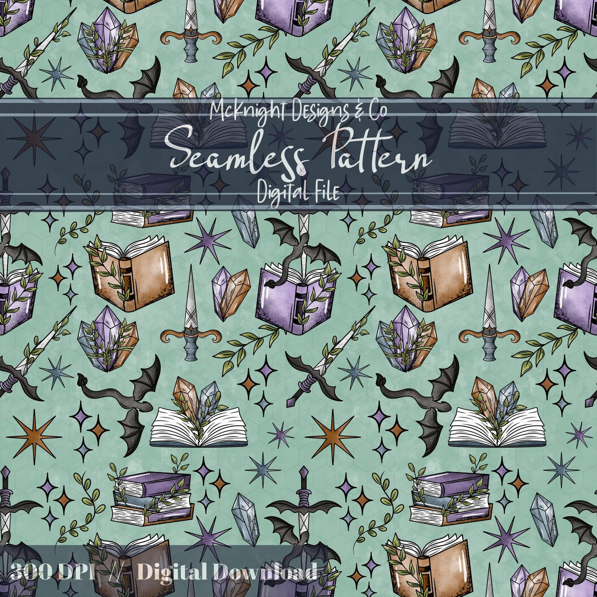 Fantasy Romance Bookish Seamless Pattern – Spellbooks, Crystals, Daggers & Stars McKnight Designs & Co Seamless Pattern File