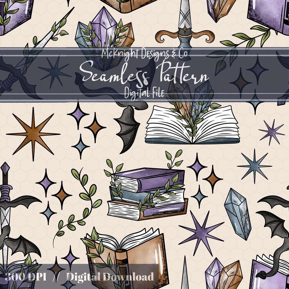 Fantasy Romance Bookish Seamless Pattern – Spellbooks, Crystals, Daggers & Stars McKnight Designs & Co Seamless Pattern File