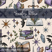 Fantasy Romance Bookish Seamless Pattern – Spellbooks, Crystals, Daggers & Stars McKnight Designs & Co Seamless Pattern File
