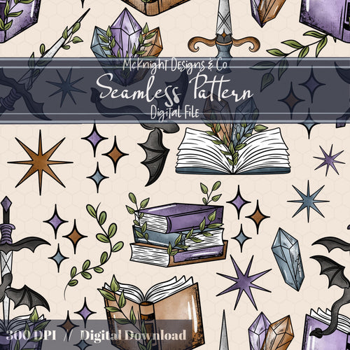 Fantasy Romance Bookish Seamless Pattern – Spellbooks, Crystals, Daggers & Stars McKnight Designs & Co Seamless Pattern File