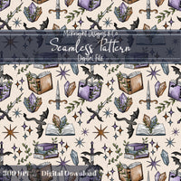 Fantasy Romance Bookish Seamless Pattern – Spellbooks, Crystals, Daggers & Stars McKnight Designs & Co Seamless Pattern File