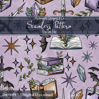 Fantasy Romance Bookish Seamless Pattern – Spellbooks, Crystals, Daggers & Stars McKnight Designs & Co Seamless Pattern File